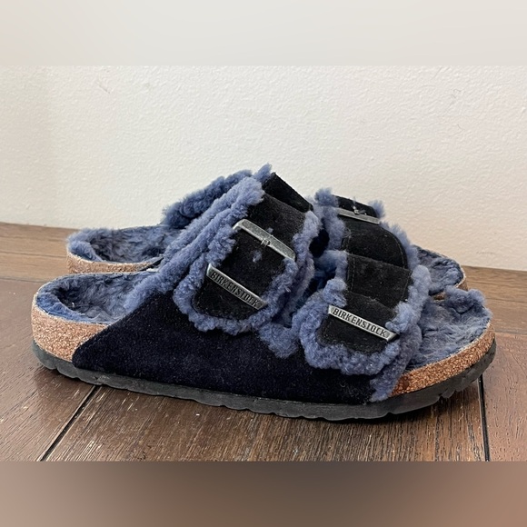 Birkenstock Arizona Shearling Blue Suede Sandals size 37 Women’s size 6 - Picture 1 of 9